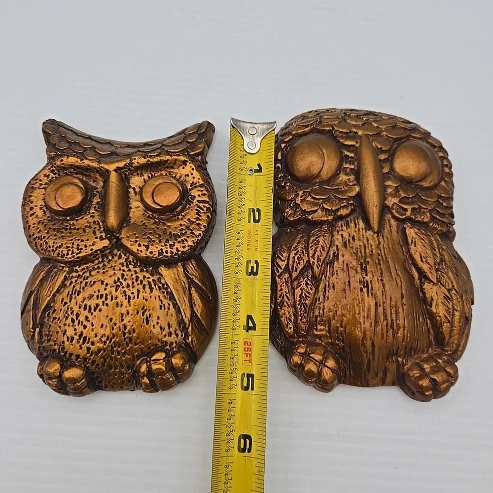 Two Vintage Owls Wall Plaques 1970s Gold & Brown‎